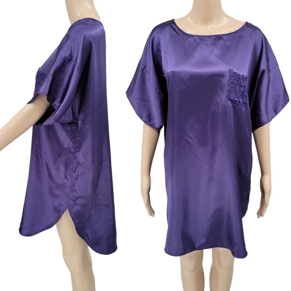 Sleep Solutions 90s Purple Satin Nightgown Short Sleeve Crochet Lace Pocket
